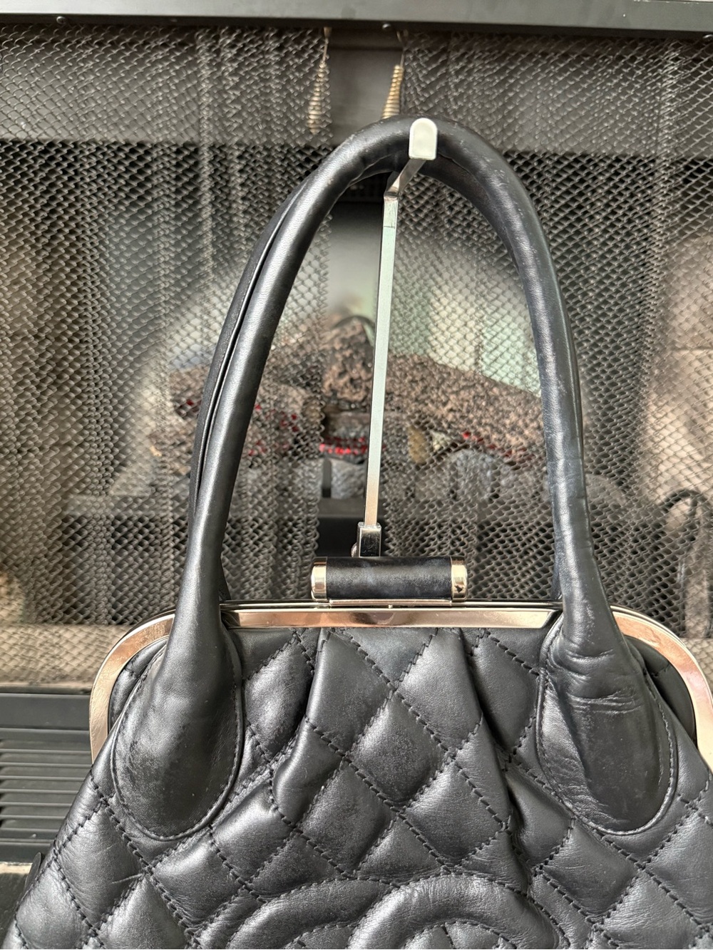 Source Unknown Black Quilted Top-Handle Bag with Silver Hardware